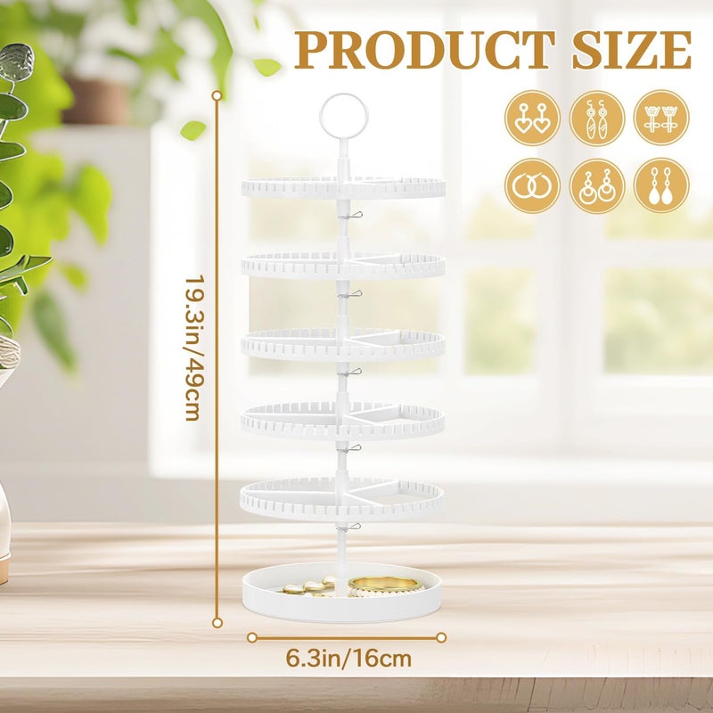MODOWEY 5 Tier Rotating Earring Holder Organizer Display Tree with Metal Tray, Adjustable Plastic Stand with 285 Slots for Stud Hoop Hanger, Large Capacity Storage Rack for Women Space Saving, White - Image 3